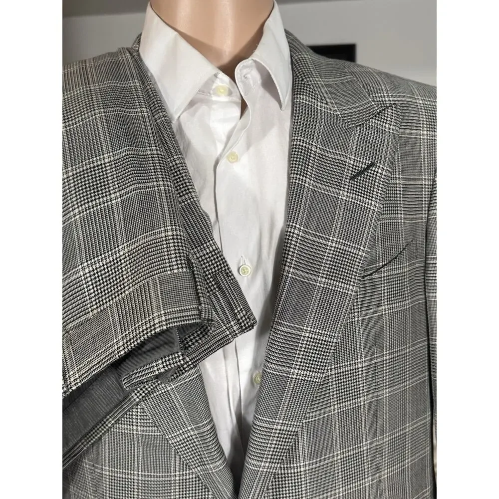 Tom Ford Houndstooth Wool Silk Peak Lapel 2Pc Suit 54R 44R US 38x30 Trousers